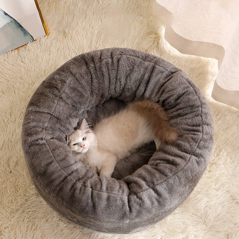 Pet Dog Bed Long Plush Donut Round