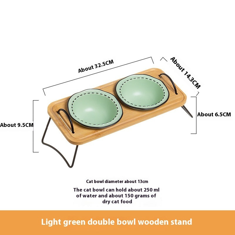 Pet Wooden Rack Ceramic Cat Bowl