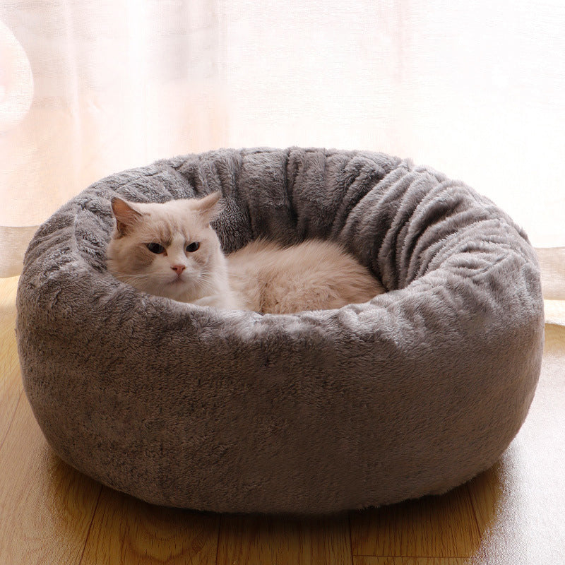 Pet Dog Bed Long Plush Donut Round